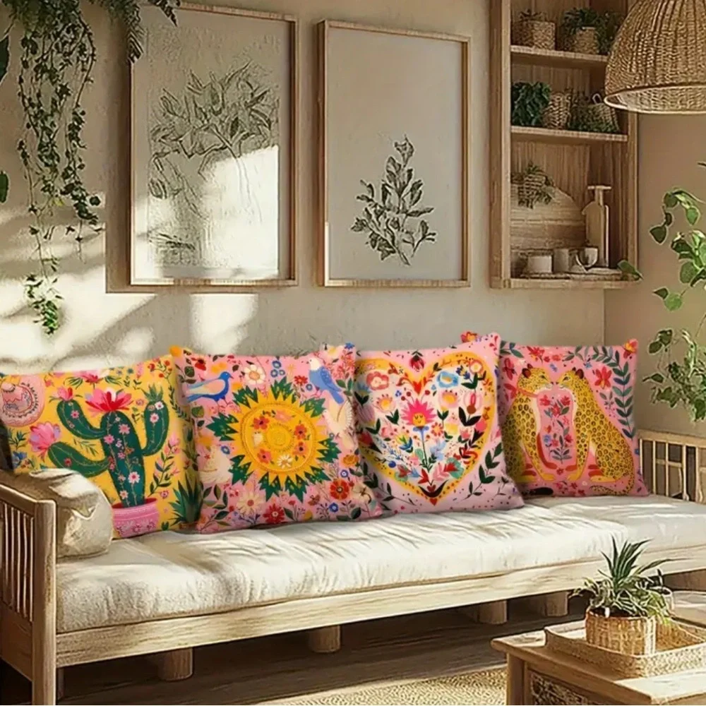 Boho Folk Art Pillow Covers Set of 4 Pink Leopard Floral Cactus 16x16
